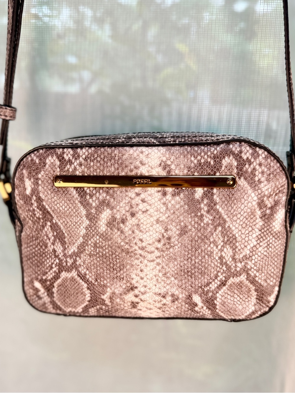 Fossil Leather Snakeskin Crossbody Camera Bag Gold Hardware EUC
